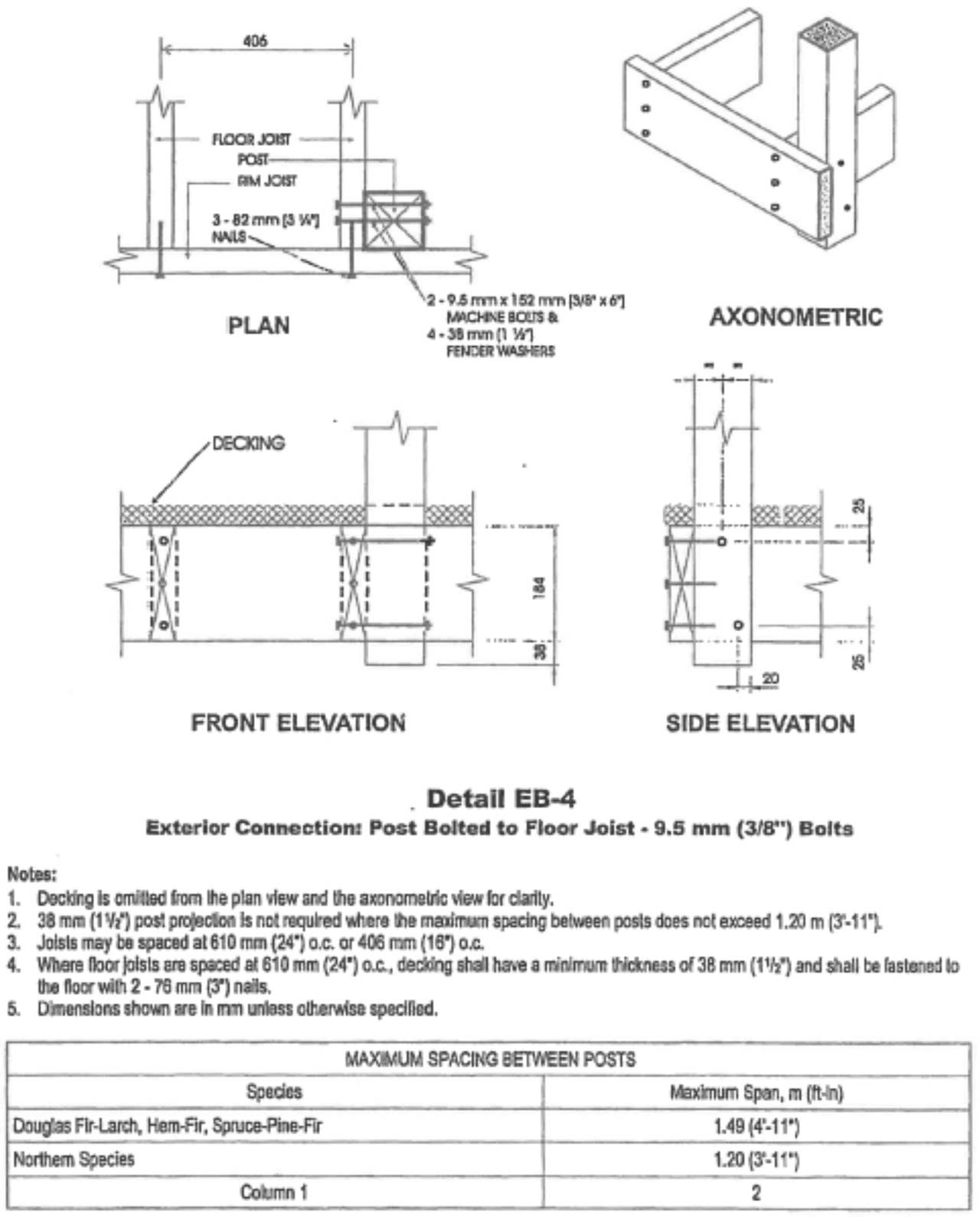 Diagram showing Detail EB-4 Post Bolted to Floor Joist with 9.5 mm (3/8") Bolts