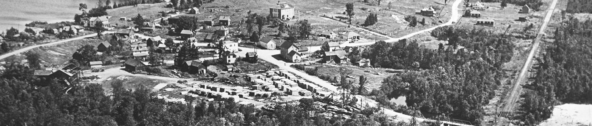Black and white aerial shot of Gooderham in the early nineteen hundreds.